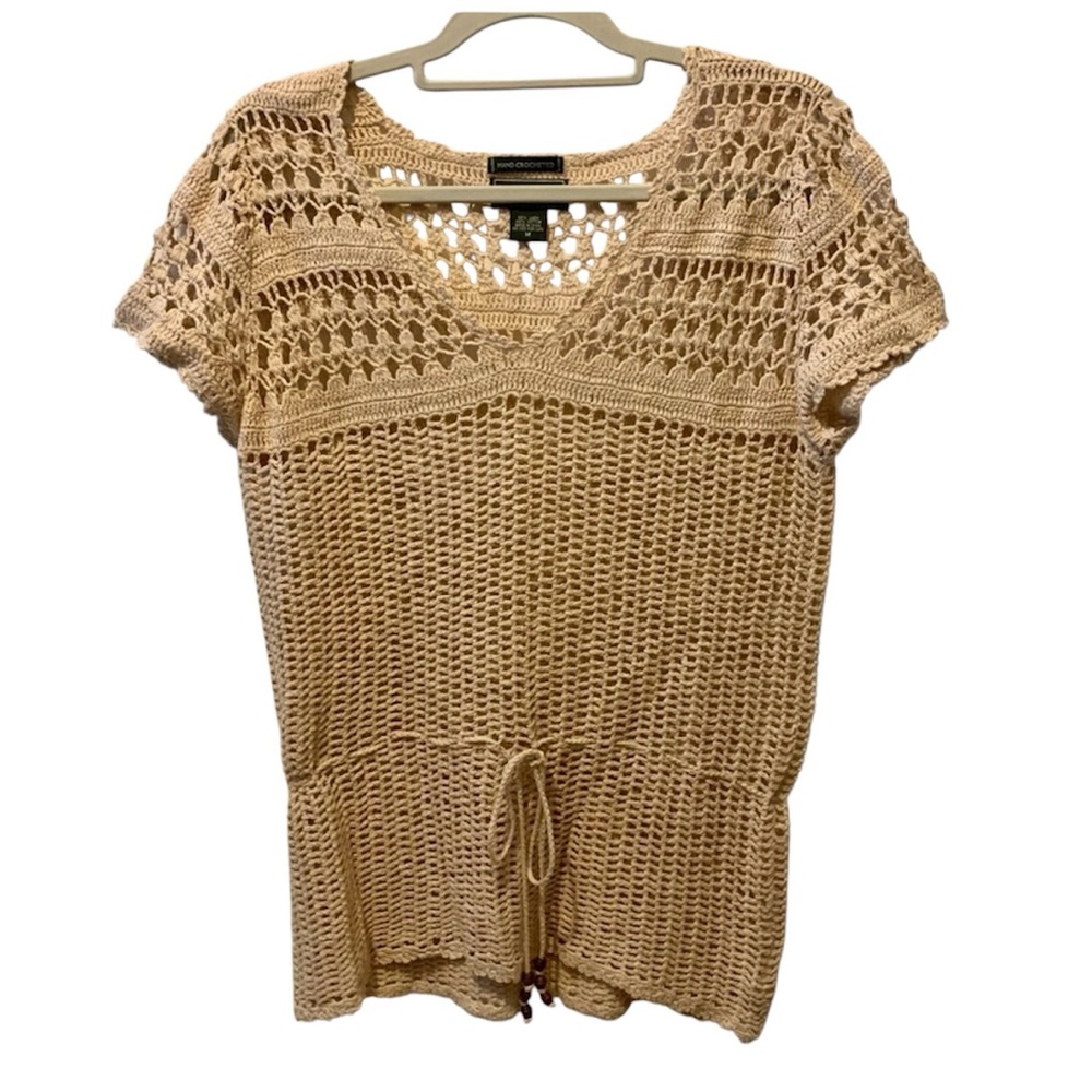 EDDIE BAUER Hand Crocheted Top Linen Cotton Blend Tan Cream Womens Size Medium